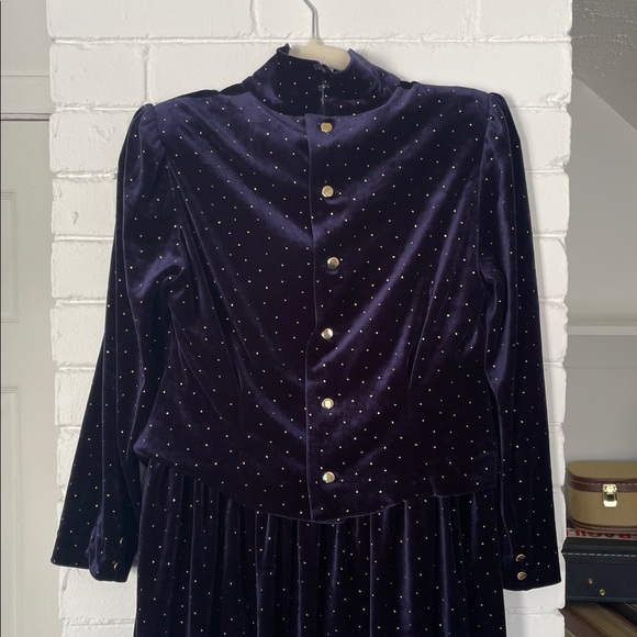 Vintage Posa Doll Long Sleeve Velvet Dress in Midnight Blue w/ Gold Polka Dots - Picture 6 of 9